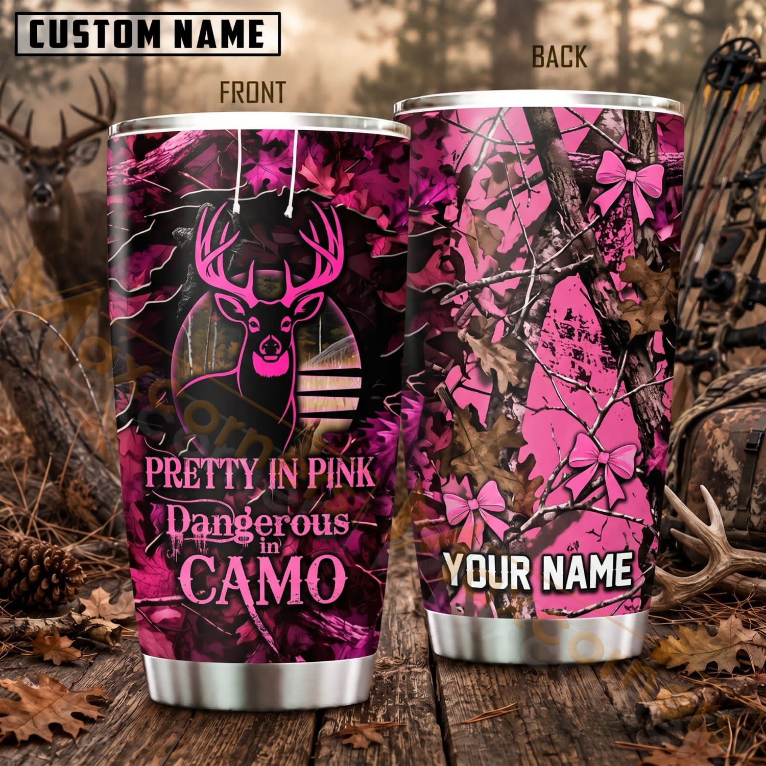 Maxcorners Hunting Pretty In Pink Black Pink Camo Personalized Name 3D Tumbler