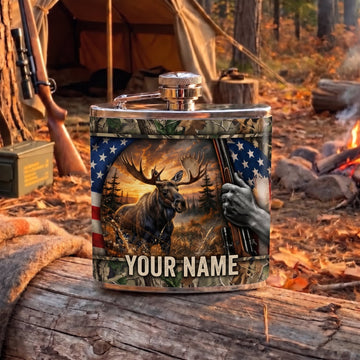 Maxcorners Hunting Deer Wilderness Sunset American Flag Design Personalized Name 3D Hip Flask