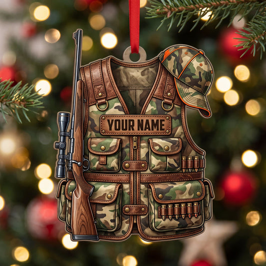 Maxcorners Hunting Rustic Leather Vest And Rifle Personalized Name 3D Keychain And Ornament