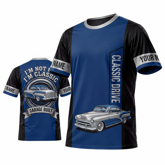 Maxcorners Personalized Car Classic Muscle Car 3D T-Shirt – Navy Blue Silver Classic Ride and Vintage Muscle Car