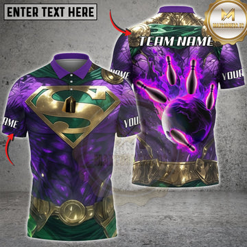 Maxcorners Bowling Purple Green Cosmic Armor Flaming Purple Bowling Hand Personalized Name 3D Unisex Shirt