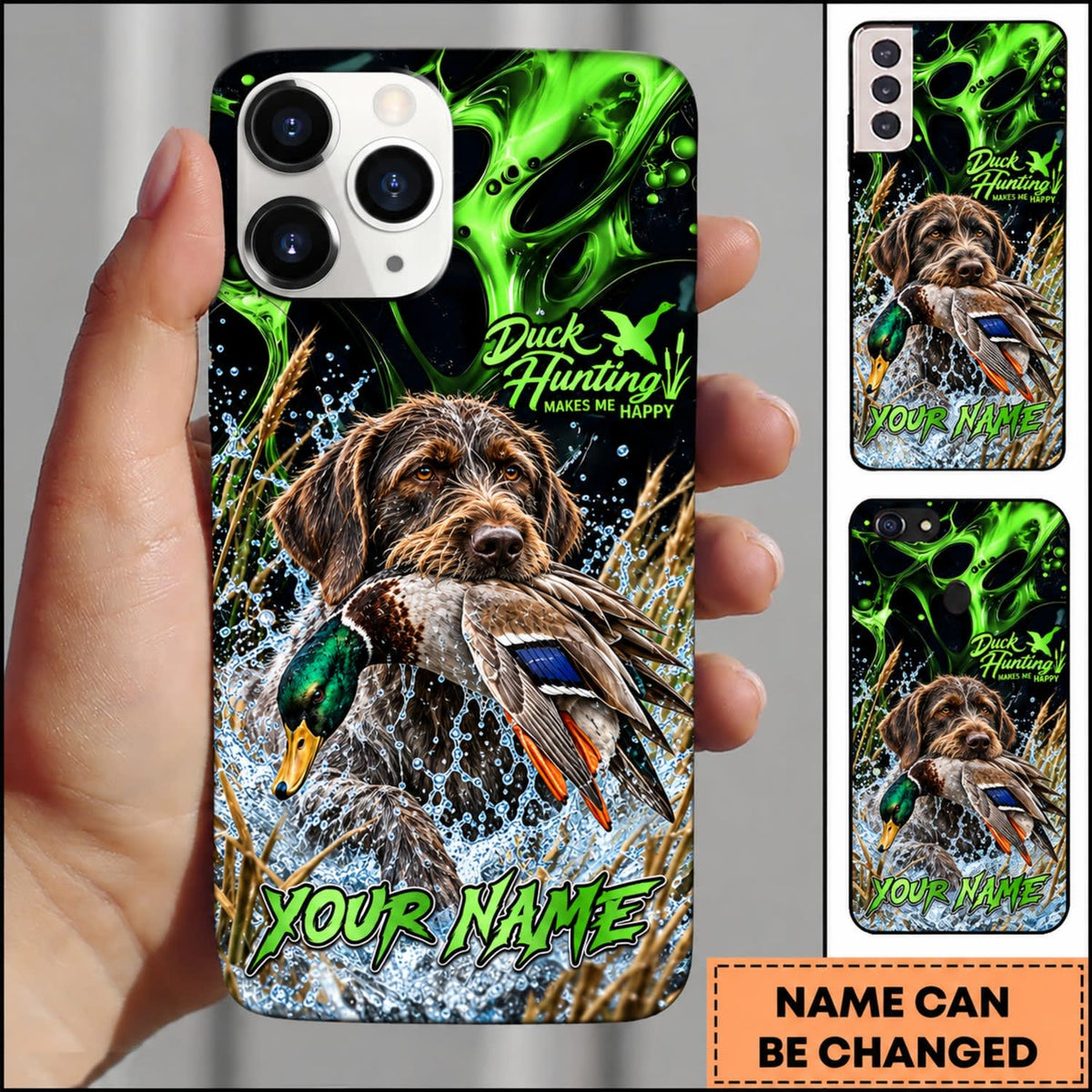 Maxcorners Duck Hunting Golden Retriever Green Lightning Water Splash Personalized Name 3D Phone Case - German Wirehaired Pointer