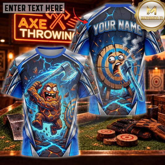 Maxcorners Axe Throwing Blue Fire Axe Warrior Personalized Name 3D Unisex Shirt