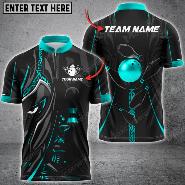 Maxcorners Bowling Ball & Pins Black Panther Pro Sport Jersey Multicolor Customized Name 3D Zipper Polo Shirt (6 Colors)