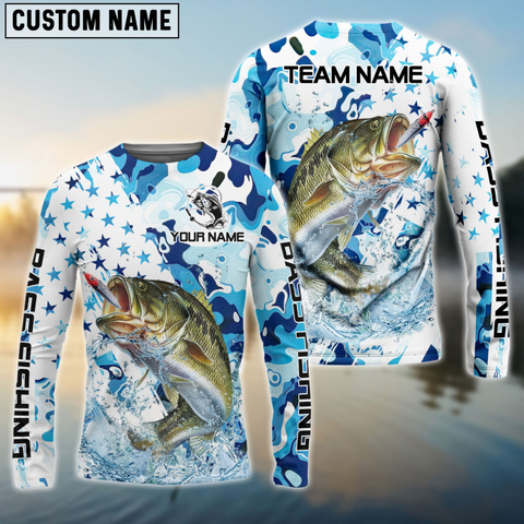 Maxcorners Bass Fishing Blue White American Flag Personalized Name, Team Name 3D Shirt