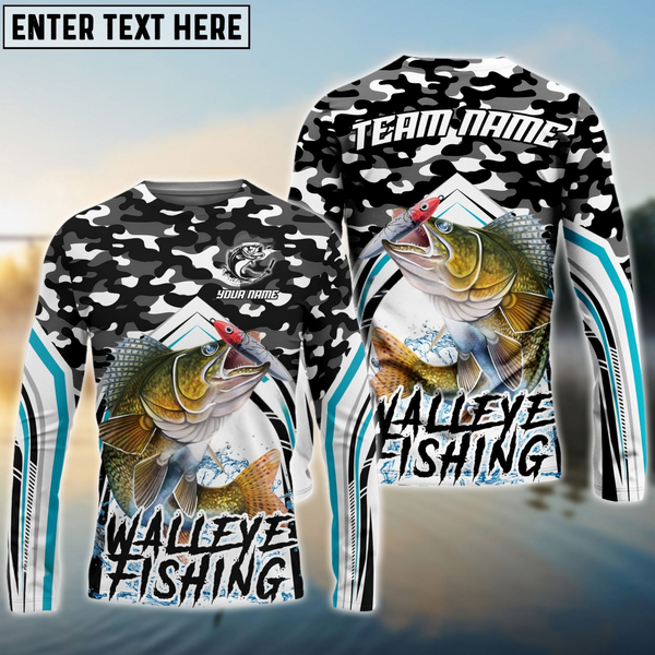 Maxcorners Walleye Fishing Black Camo Sport Personalized Name, Team Name 3D Long Sleeve Shirt