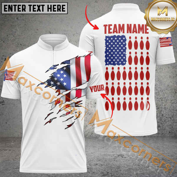 Maxcorners Patriotic US Flag Bowling Jersey Customized Name, Team Name 3D Polo Shirt