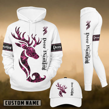 Maxcorners Hunting Whitetail Deer Pink Camo 3D Combo Hoodie, Legging Set & Cap