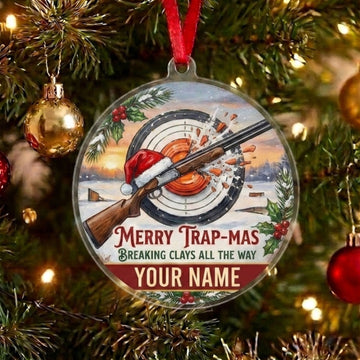 Maxcorners Personalized Merry Trap-Mas Breaking Clays All The Way Shotgun Santa Acrylic Christmas Ornament And Keychain Custom Gift For Hunters 2D Flat