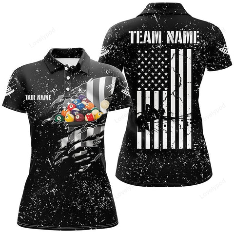 Maxcorners Personalized US Flag Billiard Balls Black Grunge 3D Polo Shirts For Women