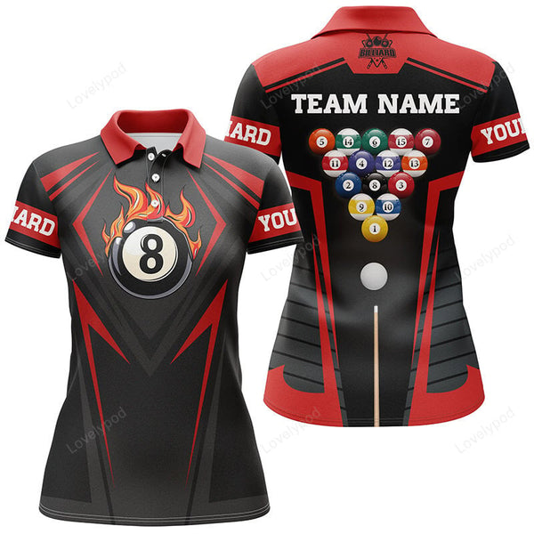 Maxcorners Personalized Style Red Fire 8 Ball Billiard 3D Polo Shirts For Women