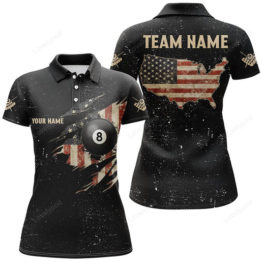 Maxcorners Personalized Grunge Retro USA Flag Billiard Women Polo Shirts