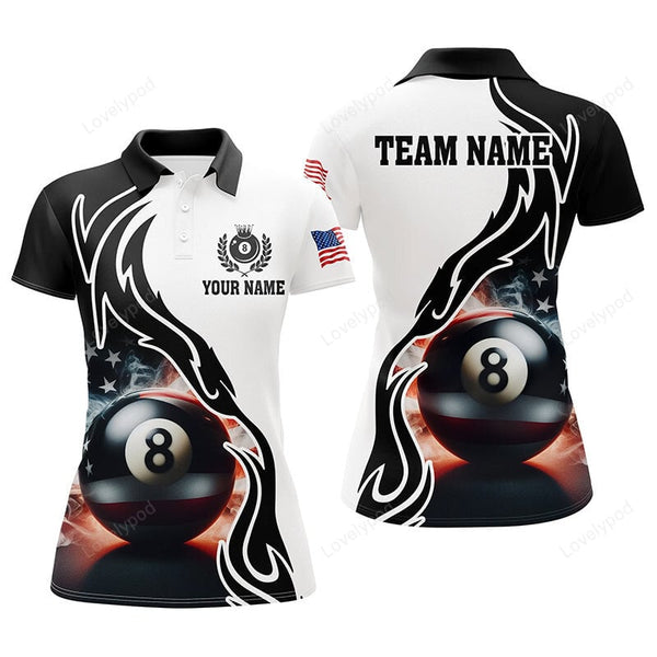Maxcorners 3D 8 Ball Pool Smoke US Flag Personalized Women Billiard Polo Shirts