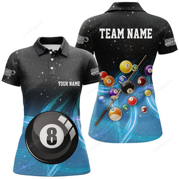 Maxcorners Personalized Blue Gradient 8 Ball Billiard 3D Polo Shirts For Women