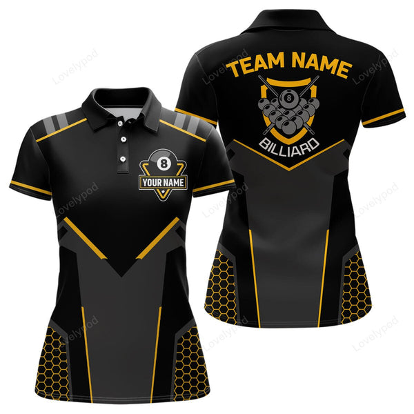 Maxcorners Personalized Style Black Yellow 8 Ball Billiard 3D Polo Shirts For Women