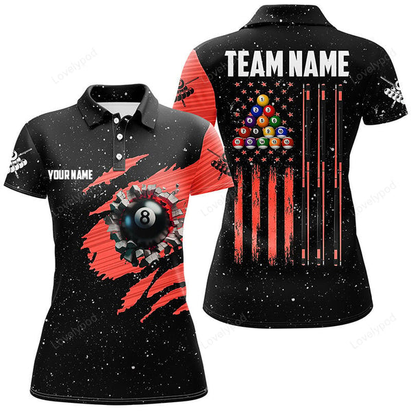 Maxcorners Customized Grunge American Flag 8 Ball Pool Women Billiard Polo Shirts