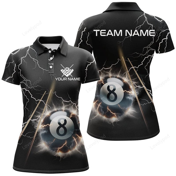 Maxcorners Personalized Thunder Lighting Black 8 Ball Billiard 3D Polo Shirts For Women