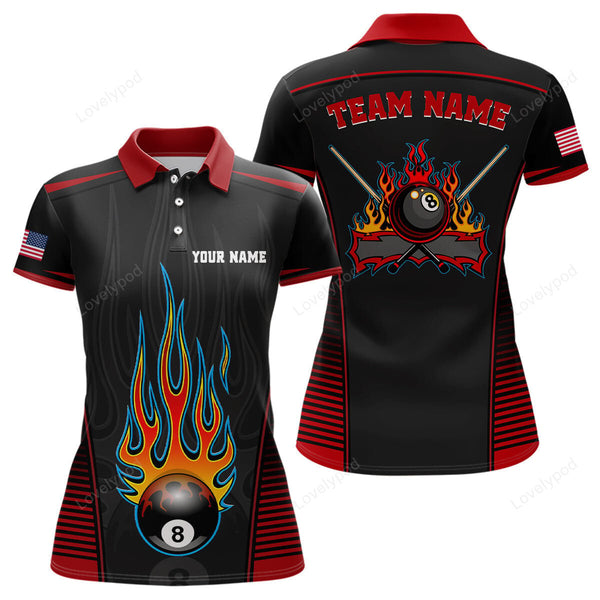 Maxcorners Personalized Red Black Fire 8 Ball Pool Polo Shirts For Women