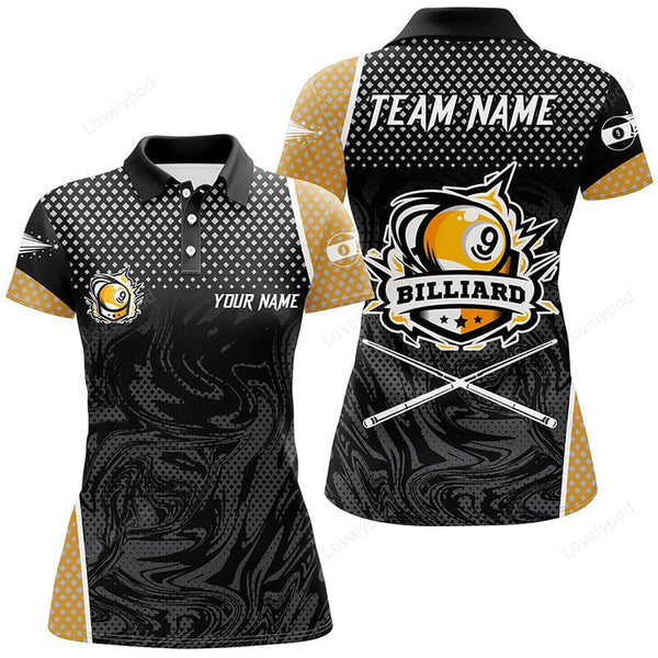 Maxcorners Personalized Yellow Black 9 Ball Pool Polo Shirts For Women