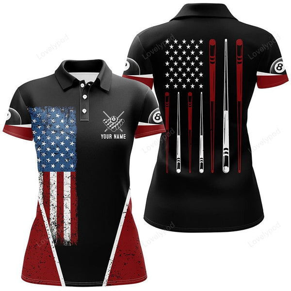 Maxcorners Personalized US Flag 8 Ball Pool Polo Shirts For Women