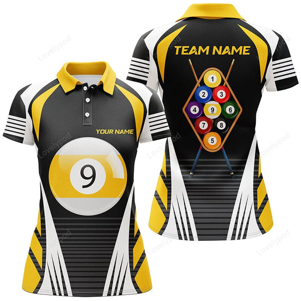 Maxcorners Personalized Yellow White 9 Ball Pool 3D Polo Shirts For Women