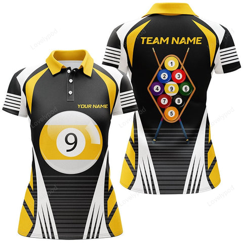 Maxcorners Personalized Yellow White 9 Ball Pool 3D Polo Shirts For Women