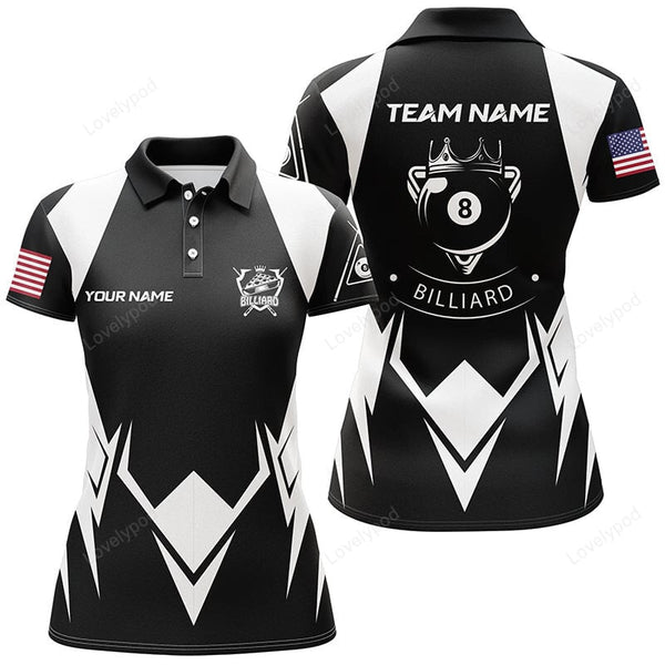 Maxcorners Personalized US Flag 8 Ball Pool Black White Billiard Polo Shirts For Women