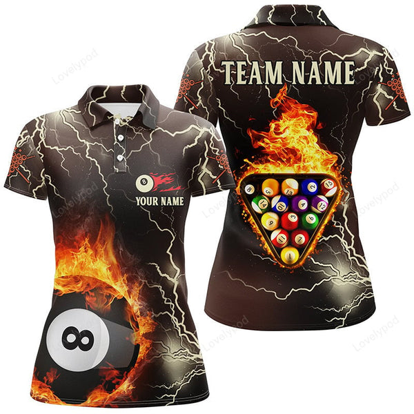 Maxcorners Personalized Fire Flame Lightning Billiard Balls 3D Polo Shirts For Women