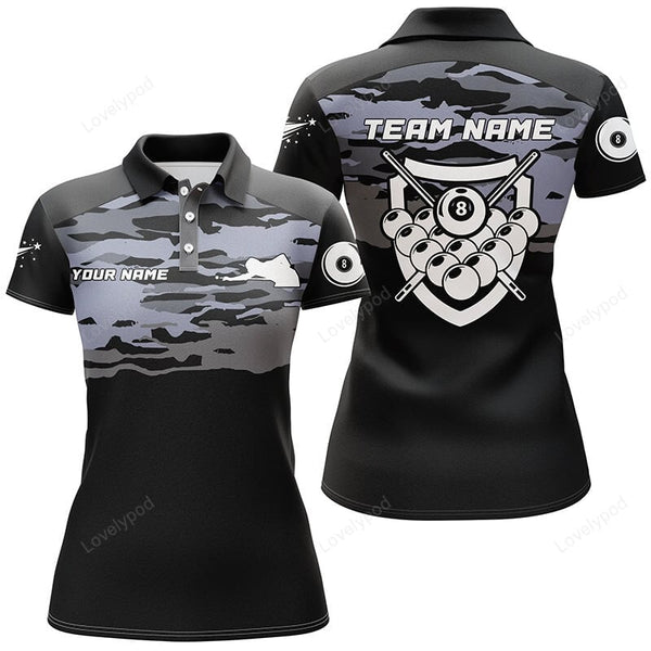 Maxcorners Personalized Silver Lighting 8 Ball Black Billiard Polo Shirts For Women