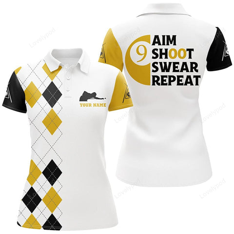 Maxcorners Personalized Customized Aim Shoot Swear Repeat 9 Ball Pool Yellow Billiard Polo Shirts For Women