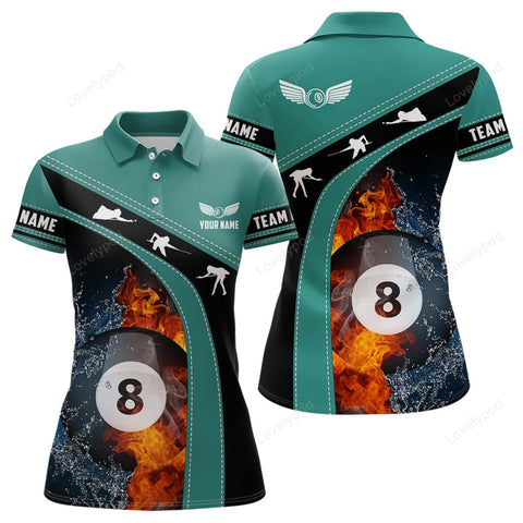 Maxcorners Personalized Fire And Water 8 Ball Billiard Green Black 3D Polo Shirts For Women