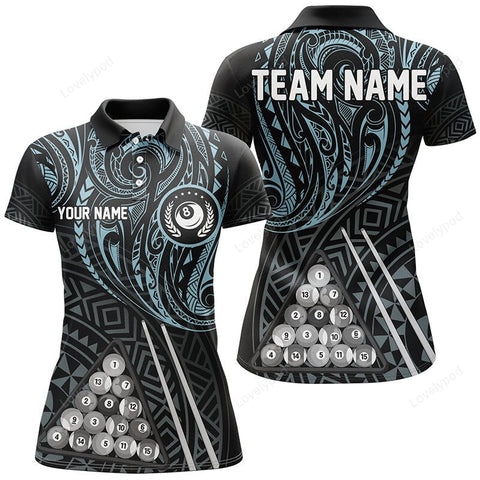 Maxcorners Personalized Blue Tribal 8 Ball Billiard 3D Polo Shirts For Women