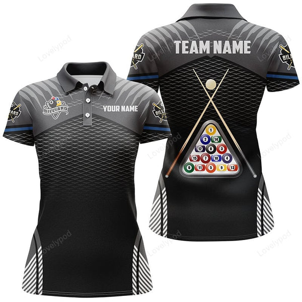 Maxcorners Personalized 8 Ball Billiards Sport Black 3D Polo Shirts For Women