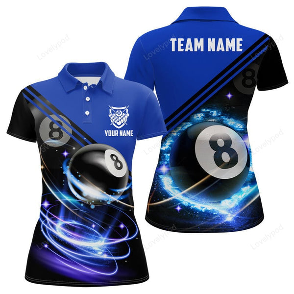Maxcorners Personalized 8 Ball Billiard Blue 3D Polo Shirts For Women