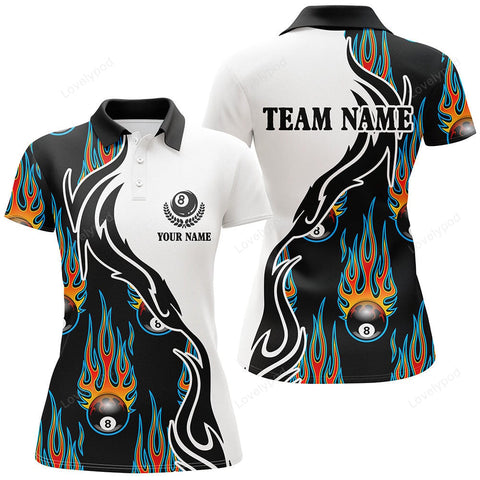 Maxcorners Flaming 8 Ball Billiard Pattern Custom Name Polo Shirts For Women