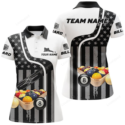 Maxcorners Billiard Balls American Flag Custom Name 3D Billiard Polo Shirts For Women
