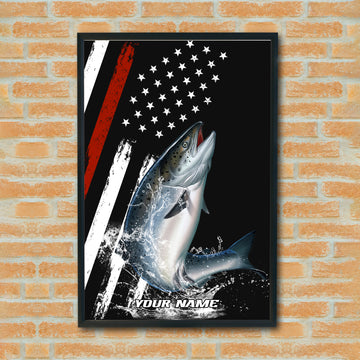 Maxcorners Salmon Fishing Power Jump Water Splash American Flag Design Personalized Name 3D Poster