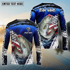 Maxcorners Stripped Bass Fishing Dark Blue Scratch American Flag Custom Name & Team Name 3D Shirts