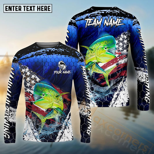 Maxcorners Mahi Mahi Fishing Dark Blue Scratch American Flag Custom Name & Team Name 3D Shirts