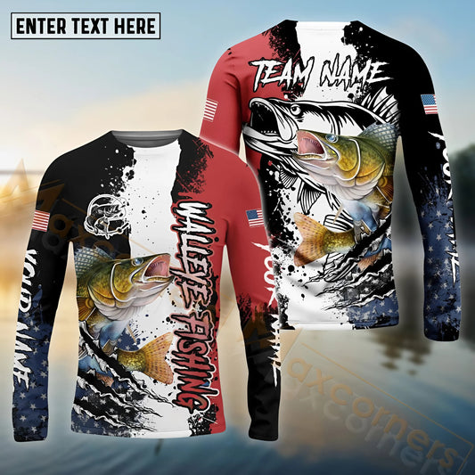 Maxcorners Walleye Fishing Paint Scratch American Flag scratch Sport Custom Name & Team Name 3D Shirts