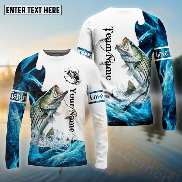 Maxcorners Stripped Bass Fishing Water & White Pattern Sport Custom Name & Team Name 3D Shirts