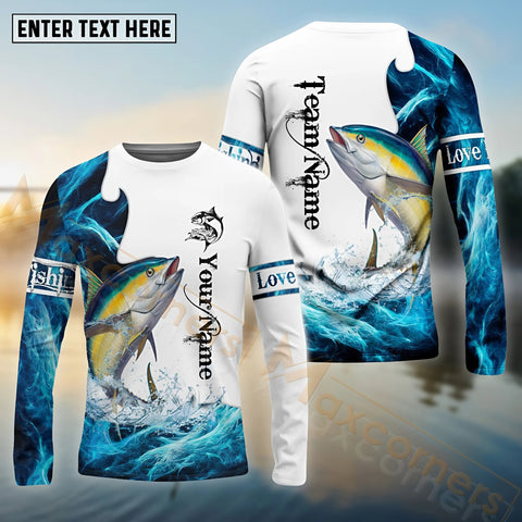 Maxcorners Tuna Fishing Water & White Pattern Sport Custom Name & Team Name 3D Shirts