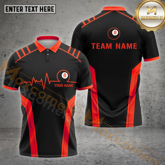 Maxcorners Billiards 8 Ball Heartbeat Multicolor Options Personalized Name, Team Name 3D Polo Shirt (4 Colors)