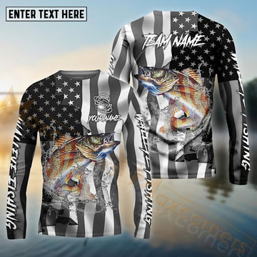 Maxcorners Walleye Fishing Black American Flag Pattern Sport Custom Name & Team Name 3D Shirts