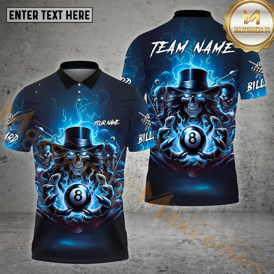 Maxcorners Billiard Skull Fire Flame Pattern Multicolor Options Personalized Name, Team Name 3D Polo Shirts (4 Colors)