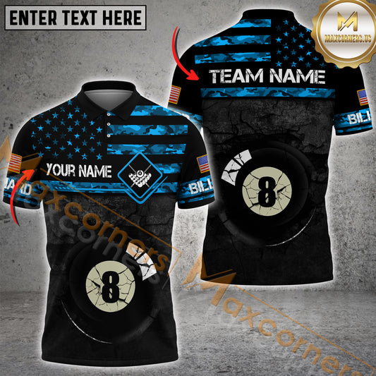 Maxcorners Billiards Crack 8 Ball US Veteran Pattern Multicolor Options Personalized Name, Team Name 3D Polo Shirt (4 Colors)