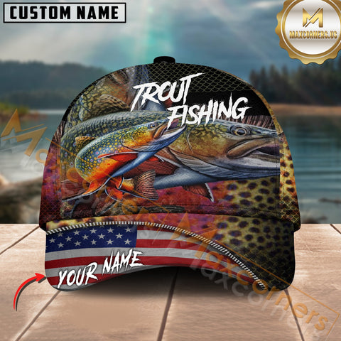 Maxcorners Trout Fishing Skinfish Flag Of United States Pattern Multicolor Personalized Name 3D Cap