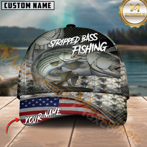 Maxcorners Stripped Bass Fishing Skinfish Flag Of United States Pattern Multicolor Personalized Name 3D Cap