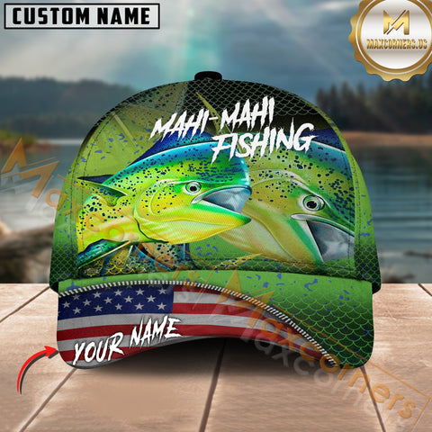 Maxcorners Mahi-Mahi Fishing Skinfish Flag Of United States Pattern Multicolor Personalized Name 3D Cap