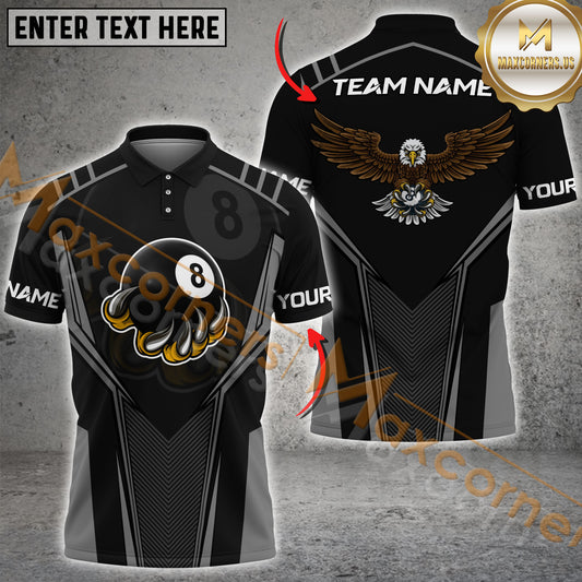 Maxcorners Billiard 8 Ball Crew Eagle Line Pattern Multicolor Options Personalized Name, Team Name 3D Polo Shirt (4 Colors)